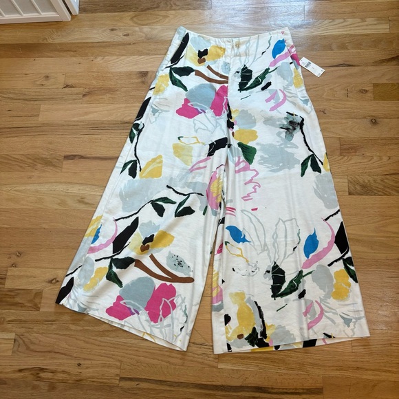 Anthropologie Maeve Colette Wide Leg Cropped Pants NWT Ivory Floral Size Medium - Picture 1 of 15